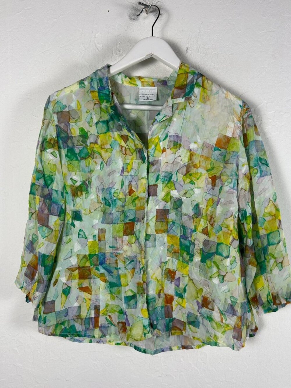 Click Color Me Cotton Womens Sheer Green Geometric Print Button-Up Blouse Large